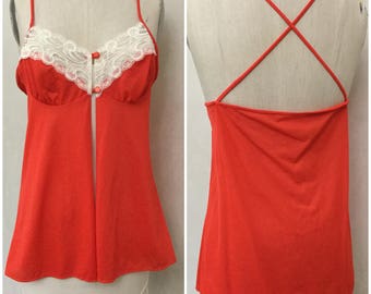 Vintage 50's red camisol. White lace. Sexy lace camisole. Pin up.  60's mad men.