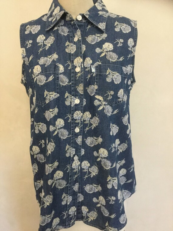 Gloria Vanderbilt Denim Floral Button Down Sleeve… - image 2