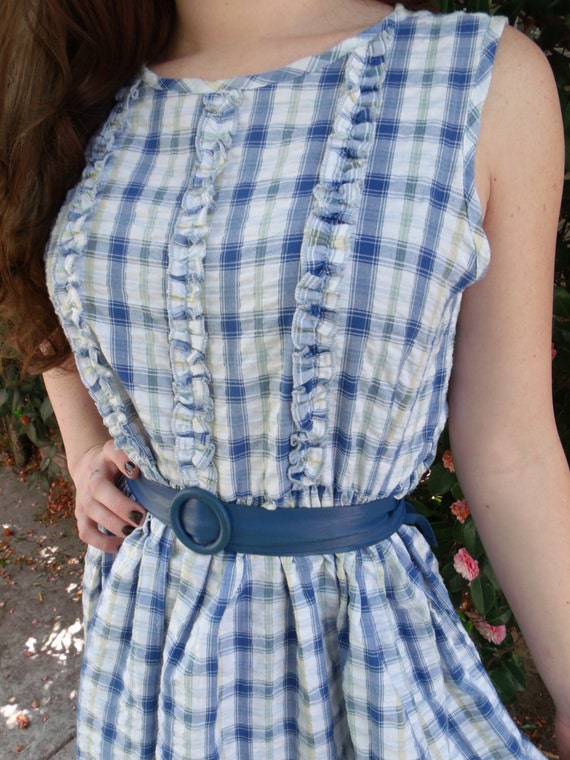 Vintage 70's White Sundress. Blue Plaid Day Dress… - image 3