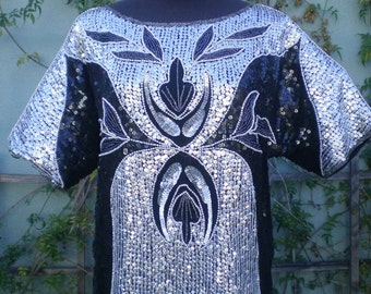 Vintage Negro.Plata.Pearl Lentejuelas Cóctel Holiday Top S/M/L HALLOWEEN