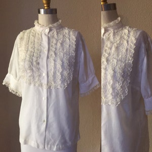 Hollywood White Lace Blouse, 50&#39;s White Designer CA Top, Puff Slv.