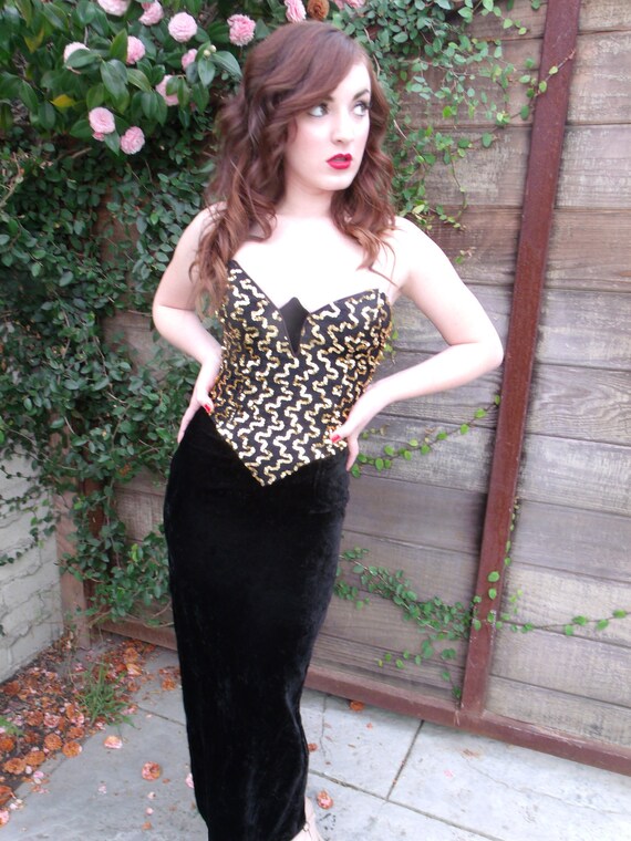 Vintage Black Velvet Gunne Sax Dress. Formal Gold… - image 3