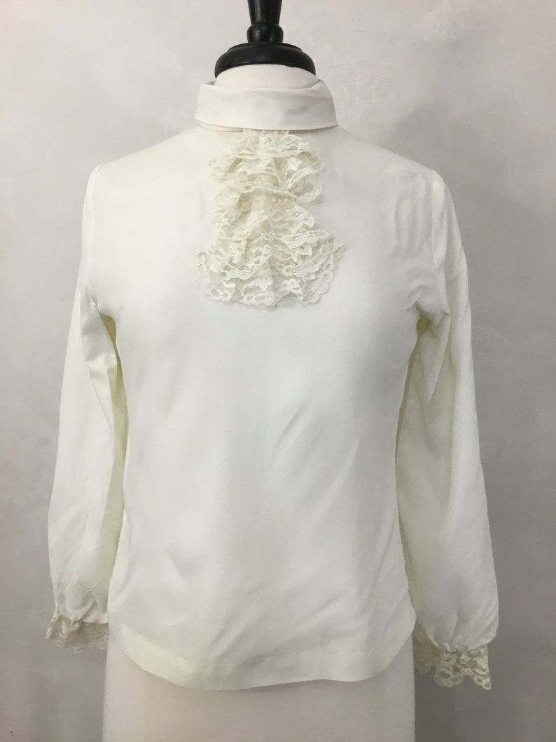 Cream 50s Blouse Lace Dickie NeckTie Petite image 5