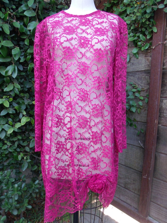 Vintage Lace Dress. Burgundy Lace Dress 80's Sheer