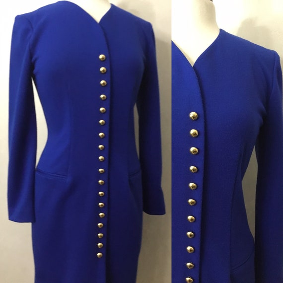 Vintage 80’s Royal Blue GOLD Detailed Dress. Lesl… - image 1