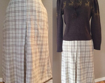 Vintage Cream Wool Skirt, Mad Men Style Secretary Skirt, Plaid brown pencil skirt