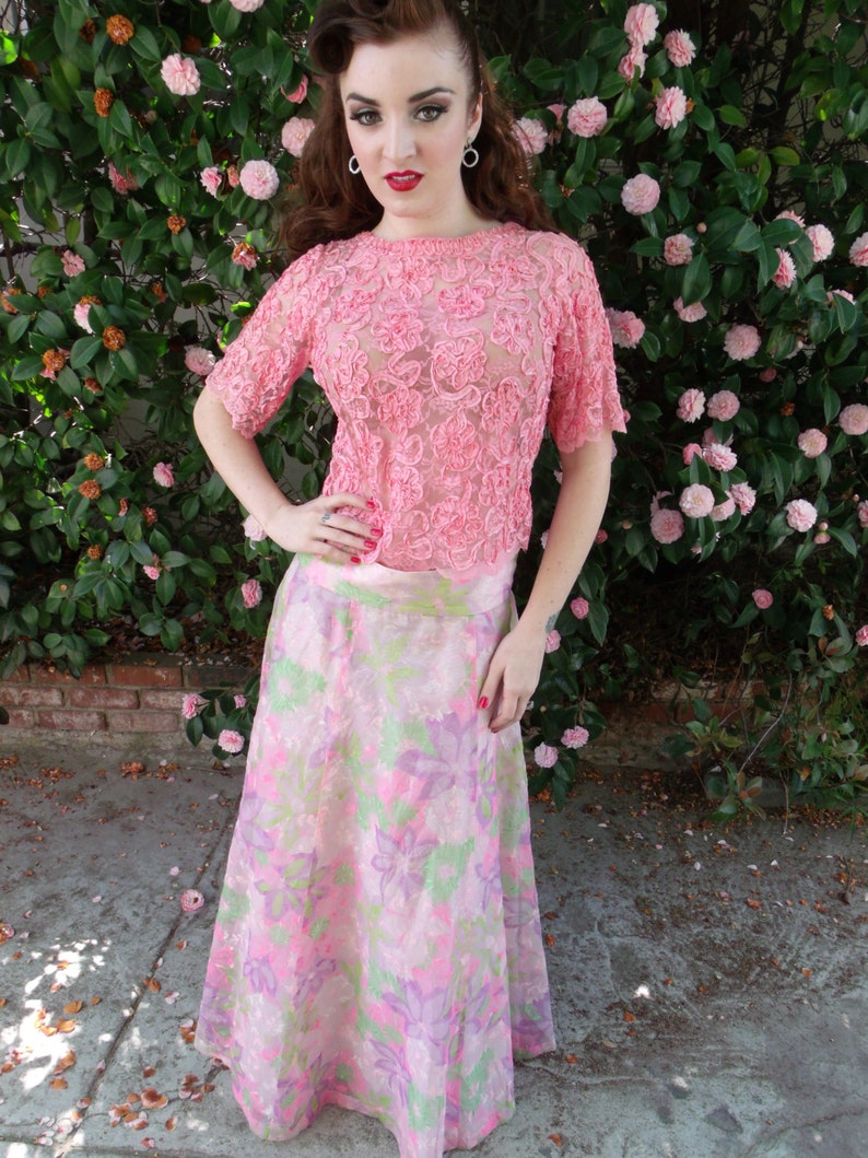 Vintage 50's 60's Maxi Skirt. Floral Spring Full Length Skirt. Cocktail Skirt. image 2