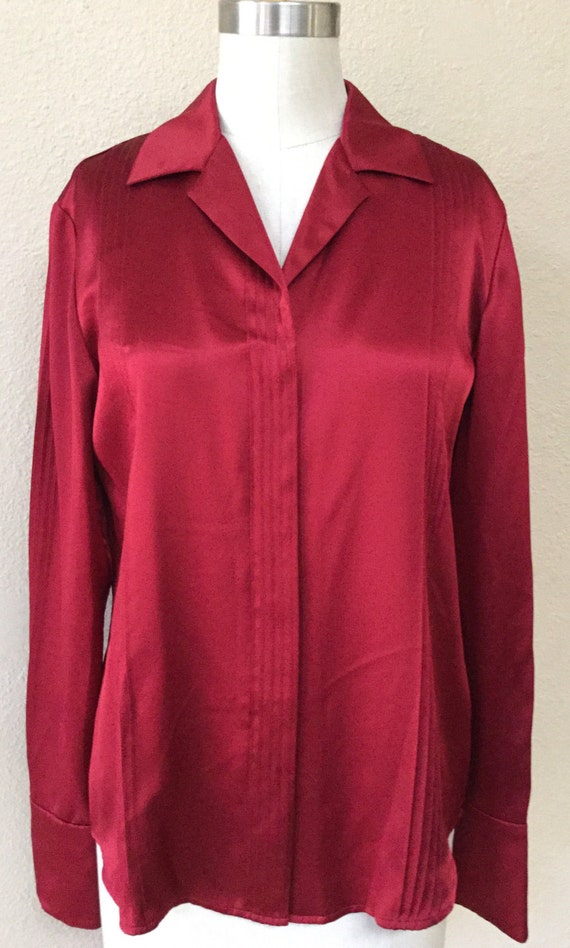 Burgundy Silk Blouse, Vintage Silk Pin Tucked Sec… - image 3