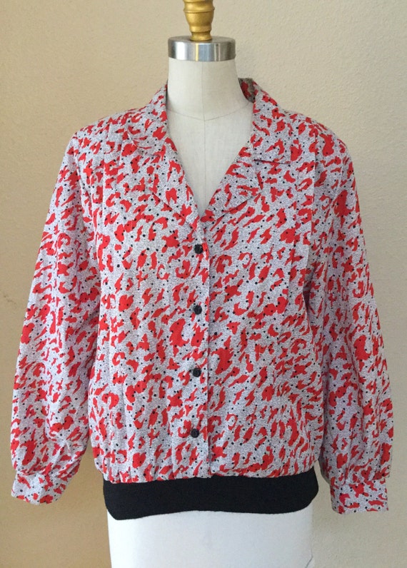 Vintage Red and White Blouse, Secretary Shirt, 70… - image 2