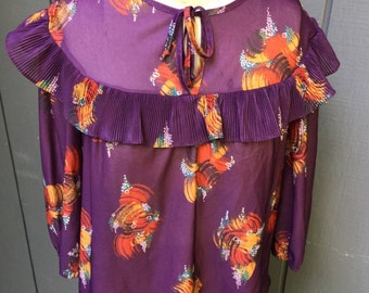 Vintage jaren '70 diep paarse Ruffle top blouse. 3/4 Zl. Boho-topje