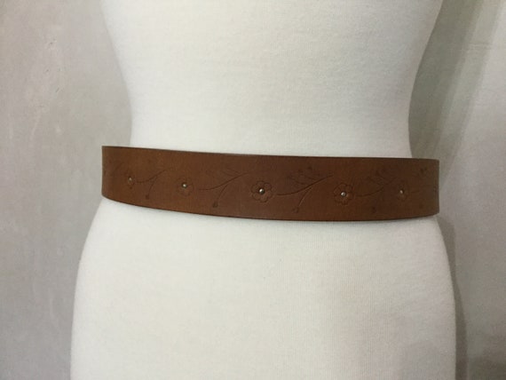 60s Brown Leather Belt Womans flower print - image 3