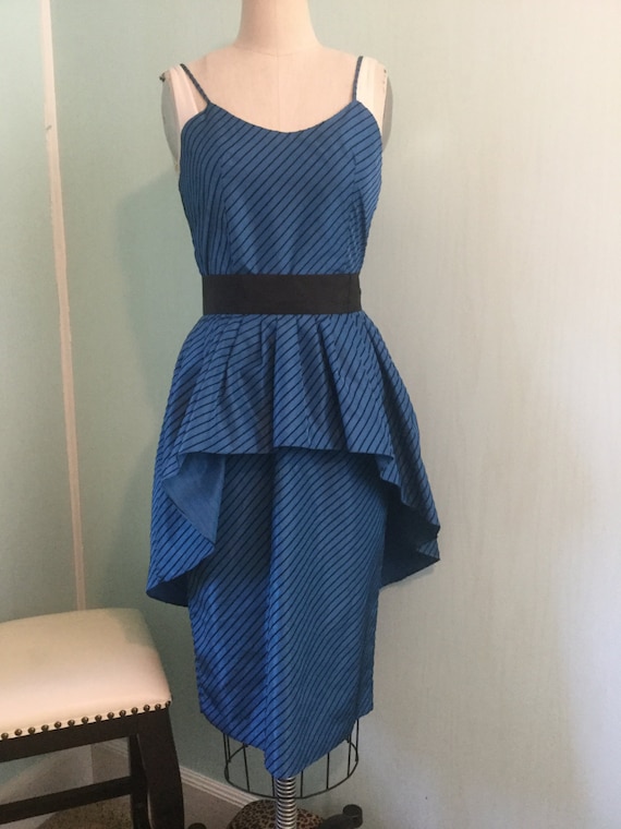 Vintage Blue Black Striped fitted Wiggle Dress Dr… - image 2