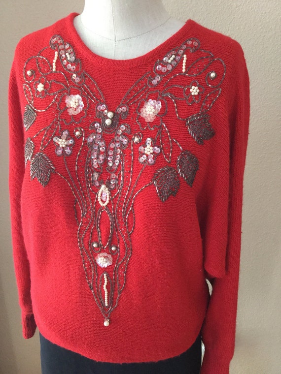 Red Batwing Sweater,Holiday Fabulous, Hand Beaded 