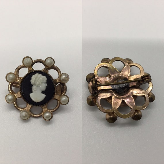 Grande Broche Vintage Avec Camée Noir, Pampilles Et Perles - Occasion En Bon état - Style Rétro élégant