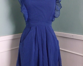 Blue Day Dress. Ruffle Top. Pockets. UK Size 8