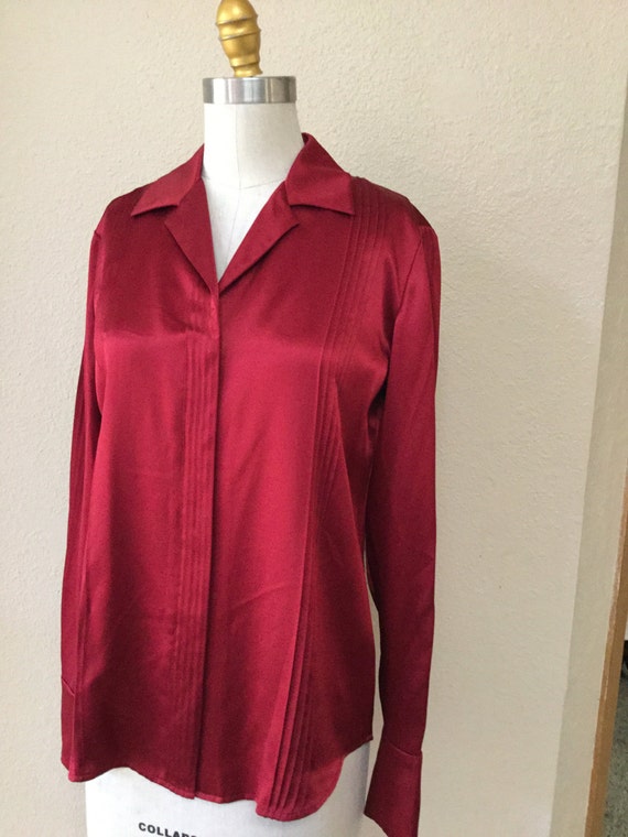 Burgundy Silk Blouse, Vintage Silk Pin Tucked Sec… - image 2