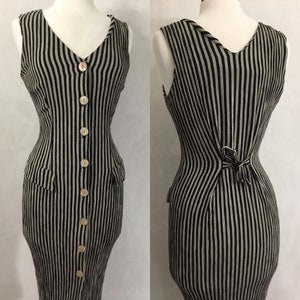 Vintage Beige & Black Striped Fitted 80’s Dress