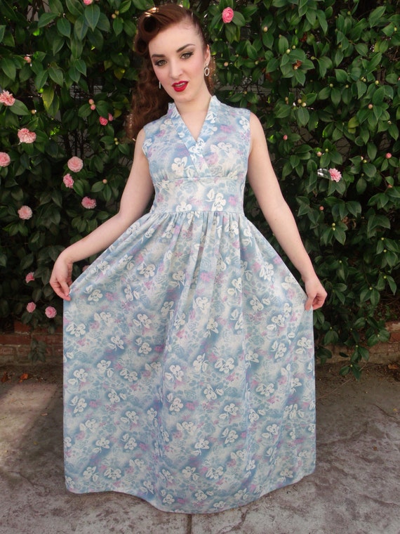 Vintage 60's Maxi Day Dress. Light Blue Floral Pr… - image 5