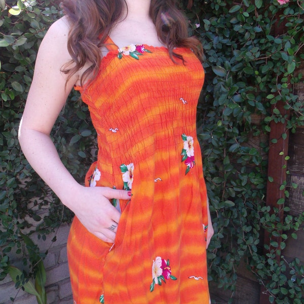 60's Orange Sundress. Luau Day Dress. Birds Flowers. VLV. Hawaiian Dress