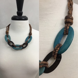 Vintage 80’s Wooden Turquoise and Brown Necklace  Bohemian Necklace