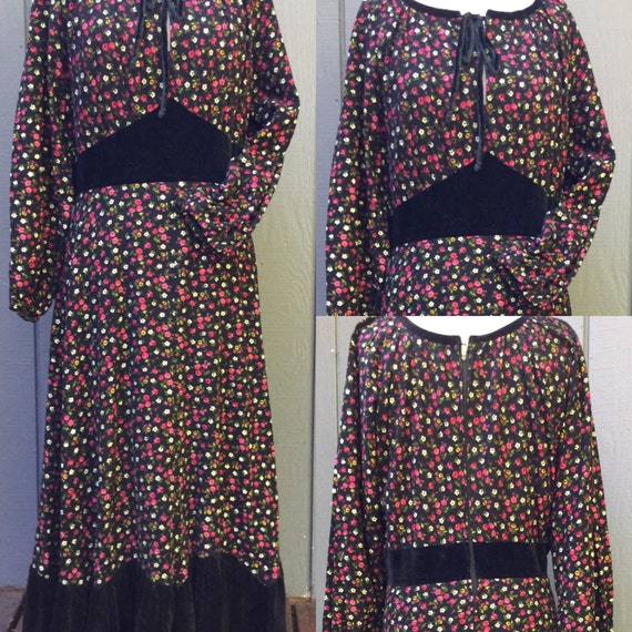 Bohemian 70's calico Dress. velvet prairie dress