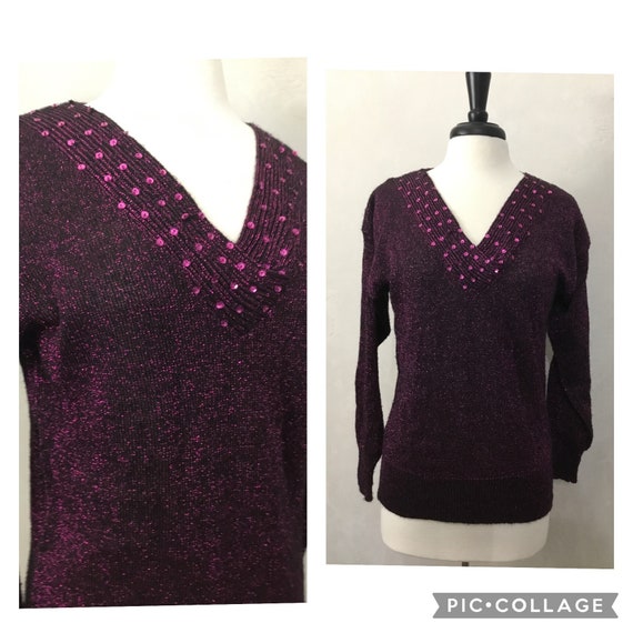 Vintage Plum Sequin Knit V-Neck Sweater 80's Metallic Sweater
