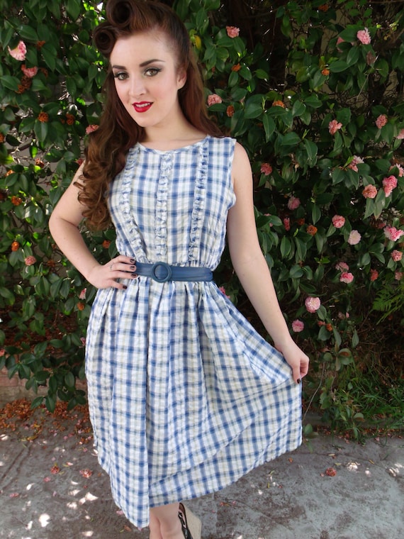 Vintage 70's White Sundress. Blue Plaid Day Dress… - image 1