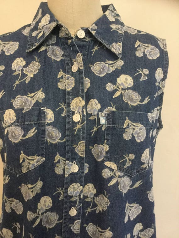 Gloria Vanderbilt Denim Floral Button Down Sleeve… - image 3