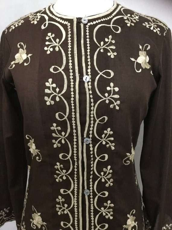 Vintage Embroidered 60’s . 70’s Button Down Brown… - image 2