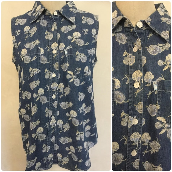 Gloria Vanderbilt Denim Floral Button Down Sleeve… - image 1