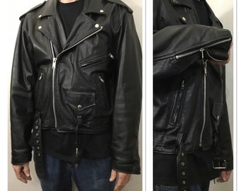 Vintage Men’s Black Leather Motorcycle Jacket. 80’s Biker Jacket Size: L/XL