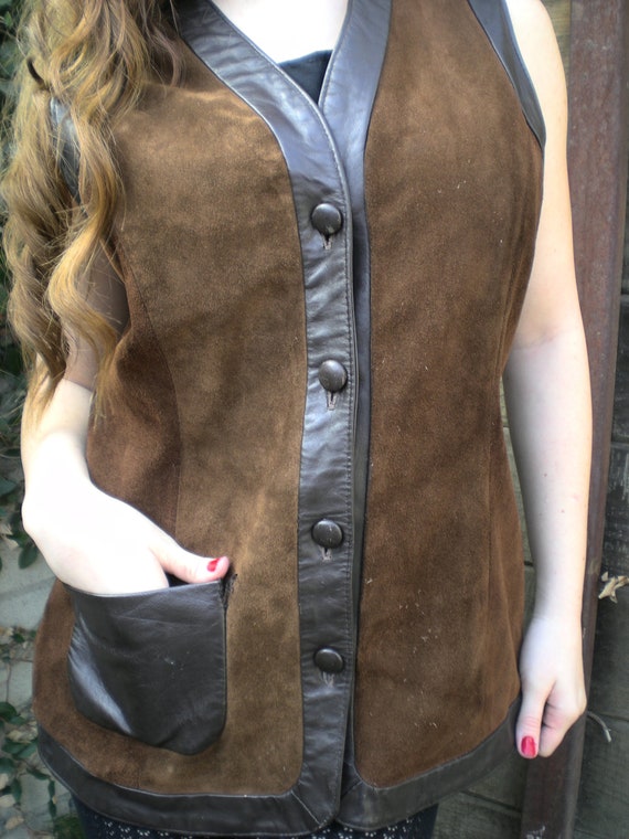 Vintage Brown Suede & Leather Vest. 60's Boho Vest