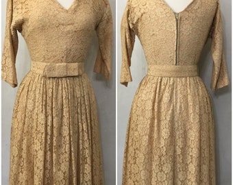 Vintage Gold Lace 50’s Cocktail Dress. Pin Up. Swing.Circle Skirt