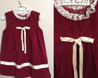 Vintage Children's Velvet Dress, Red Velvet Little Girls Vintage, Dress