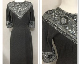 Vintage 50’s 60’s Gray Wool Beaded Evening Dress. Cocktail Dress.