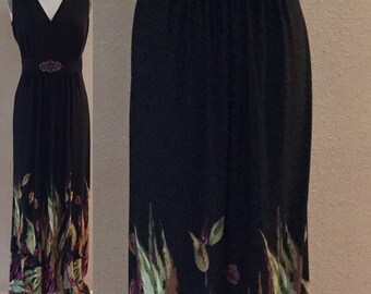 Vintage 80's Black Maxi Dress, empire Waist Dress,Indonesia Beaded ,Feather Detailed Dress Size10