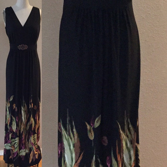 Vintage 80's Black Maxi Dress, empire Waist Dress,Indonesia Beaded ,Feather Detailed Dress Size10