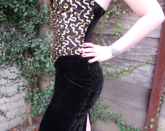 Vintage Black Velvet Gunne Sax Dress. Formal Gold Sequin Detail. Long Silhouette Dress