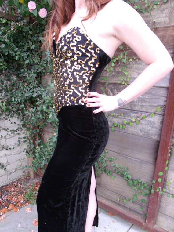 Vintage Black Velvet Gunne Sax Dress. Formal Gold… - image 1