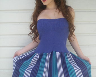 Vintage 80s Blue Striped Strapless Day Dress