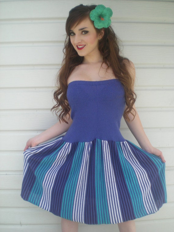 Vintage 80s Blue Striped Strapless Day Dress - Etsy Vintage 80s Blue Striped Strapless Day Dress - Etsy