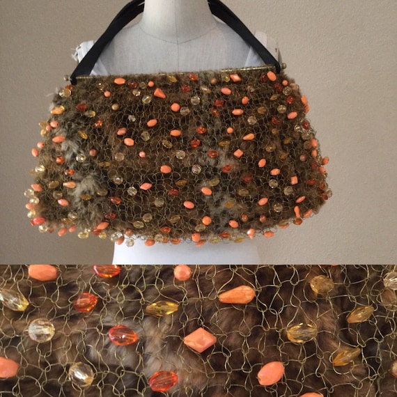 Vintage 60's Beaded Handbag, Leapord Print fur. M… - image 1