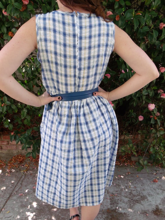 Vintage 70's White Sundress. Blue Plaid Day Dress… - image 4