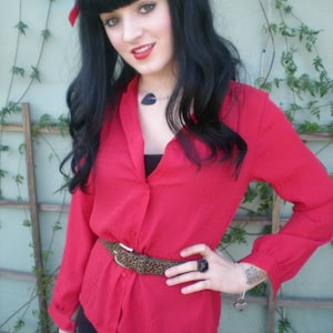 Vintage Red Shirt.70&#39;s. 80&#39;s Secretary Shirt. Puff Sleeve Sheer Red