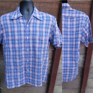 Heren geruit overhemd met knopen, blauw geruit overhemd uit de jaren 70