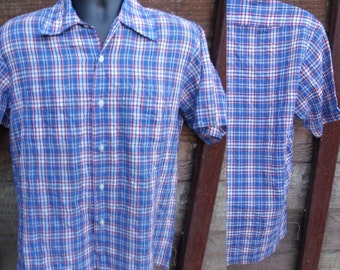 Men's Plaid button down Shirt, 70's Blue Plaid Shirt