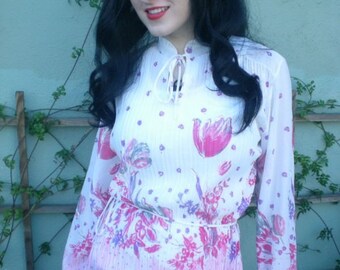 Vintage 60&#39;s 70&#39;s Sheer Floral Accodian PLeated Ruffle Blusa Camisa