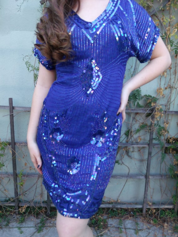 Blue Sequin Cocktail Dress. Blue 70's 80's Elegan… - image 1
