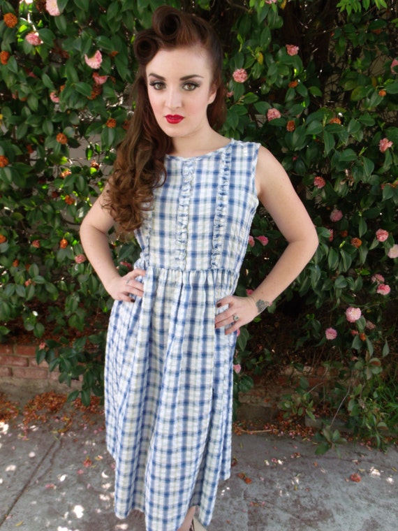 Vintage 70's White Sundress. Blue Plaid Day Dress… - image 5