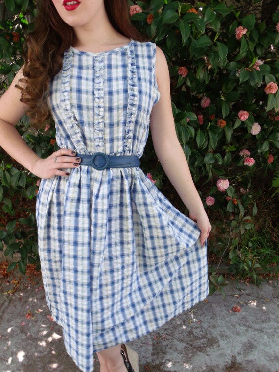 Vintage 70's White Sundress. Blue Plaid Day Dress… - image 2